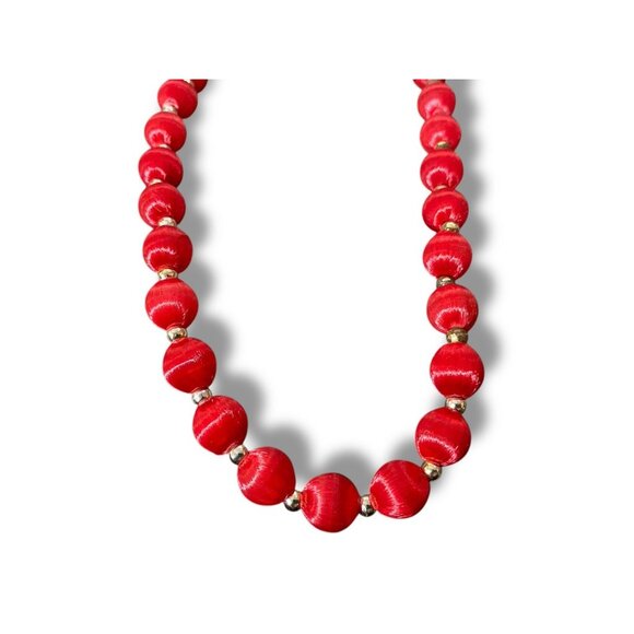 Vintage Ruby Red Silk Satin Wrapped Bead Necklace 30”+ Gold Tone Spacer 70s 80s - Picture 2 of 3